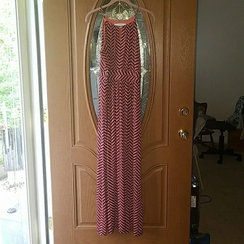 Loft striped pale orange and navy maxi dress Sz M EUC
